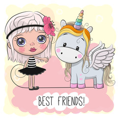 Wall Mural - Cute Cartoon Girl and Unicorn