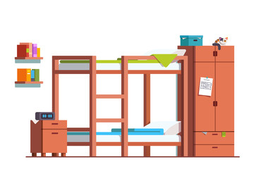 Teen dormitory room with bunk bed and wardrobe