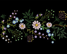 Embroidery Trend Floral Border Small Branches Herb Leaf With Little Blue Violet Flower Daisy Chamomile. Ornate Traditional Folk Fashion Patch Design Neckline Blossom Background Vector Illustration