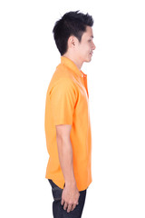 Wall Mural - man in orange polo shirt isolated on white background (side view)