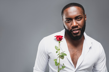 Romantic handsome man with red rose, African american sexy charming boyfriend with flower presen