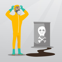 Poster - Concerned man in respirator and radiation protective suit clutching his head. Young man in radiation suit looking at leaking barrel with radiation sign. Vector flat design illustration. Square layout.