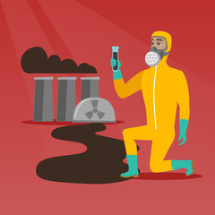 Sticker - Young caucasian scientist in gas mask and radiation protective suit holding a test-tube with black liquid on the background of nuclear power plant. Vector flat design illustration. Square layout.