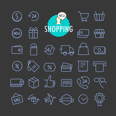 Aufkleber - Different shopping icons vector collection. Web and mobile app outline icons set on dark backgrond