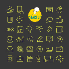 Aufkleber - Different startup icons vector collection. Web and mobile app outline icons set on dark background