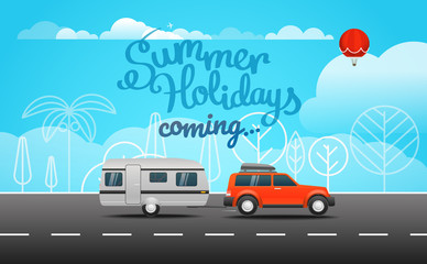 Poster - Car on the way vector illustration. Summer holidays coming