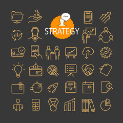 Poster - Different business strategy icons vector collection. Web and mobile app outline icons set on dark background