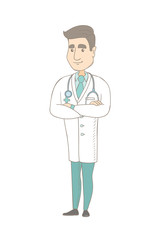 Wall Mural - Young caucasian confident doctor with folded arms. Full length of doctor with folded arms standing in a pose signifying confidence. Vector sketch cartoon illustration isolated on white background.