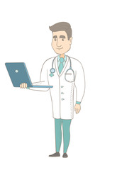 Wall Mural - Caucasian doctor in medical gown using a laptop. Full length of young doctor working on a laptop. Cheerful doctor holding a laptop. Vector sketch cartoon illustration isolated on white background.