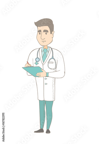 Caucasian doctor writing notes in a notepad. Young doctor writing