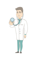 Sticker - Young caucasian doctor with a stethoscope in hand. Smiling doctor holding a stethoscope. Cheerful doctor showing a stethoscope. Vector sketch cartoon illustration isolated on white background.