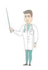 Poster - Caucasian doctor in medical gown holding pointer stick. Full length of young doctor pointing with a pointer stick. Vector sketch cartoon illustration isolated on white background.