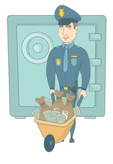 Poster - Caucasian policeman pushing wheelbarrow with confiscated money. Policeman ensuring the safety of the confiscated money in the safe. Vector sketch cartoon illustration isolated on white background.