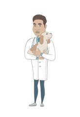 Wall Mural - Hispanic veterinarian doctor holding a dog. Veterinarian carrying a dog. Veterinarian examining a dog. Concept of medicine and pet care. Vector sketch cartoon illustration isolated on white background