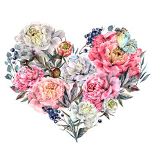 Watercolor Heart Made Of Peonies And Lilac