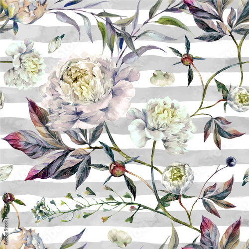 Naklejka dekoracyjna Watercolor White Peonies Pattern