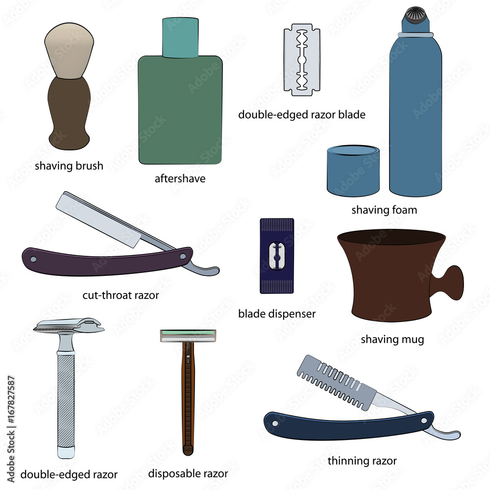 Set of shaving tools illustrations. White background, colored objects,  black outline, names. Isolated images for your design. Vector. Stock Vector  | Adobe Stock, image size:1000x1000