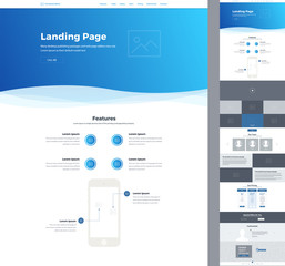 Wall Mural - One page website design template for business. Landing page wireframe. Modern responsive design. Ux ui website: about us, features, video, gallery, team, pricing, subscribe, testimonials, contacts