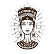 Portrait of beautiful young woman, girl in ethnic outfit. Egypt, Africa logo or label. Vintage vector illustration