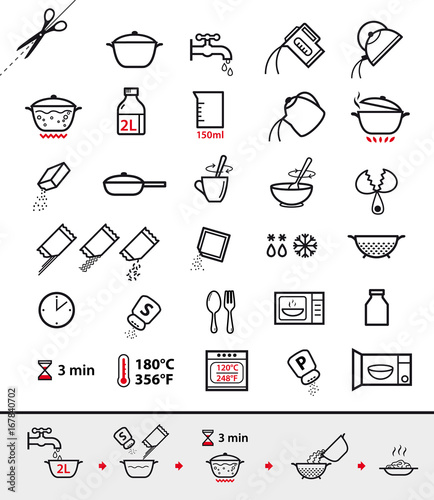 Kitchen icons for cooking instructions. Vector elements on white ...