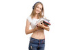 © Kabardins photo - Beautiful young girl with books and tablet on headphones