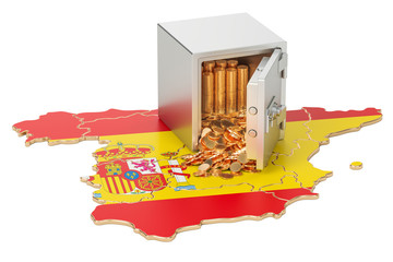 Poster - Safe box with golden coins on the map of Spain, 3D rendering