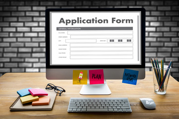 Poster - business man working on laptop computer use Online Web Job Application Form moniter