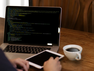 Fototapete - Developer Team Working Laptop Computer Mobile Application Softwareand Web Design Online Technology Content script to display
