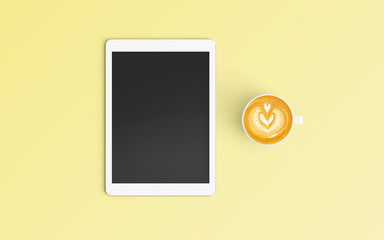 Modern workspace with coffee cup and tablet copy space on yellow color background. Top view. Flat lay style.