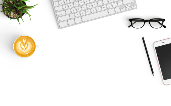 Modern workspace with coffee cup, smartphone, notebook, and keyboard copy space on white color background. Top view. Flat lay style.