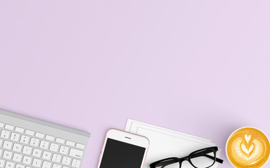 Modern workspace with coffee cup, smartphone, tablet, paper, keyboard and notebook copy space on purple color background. Top view. Flat lay style.