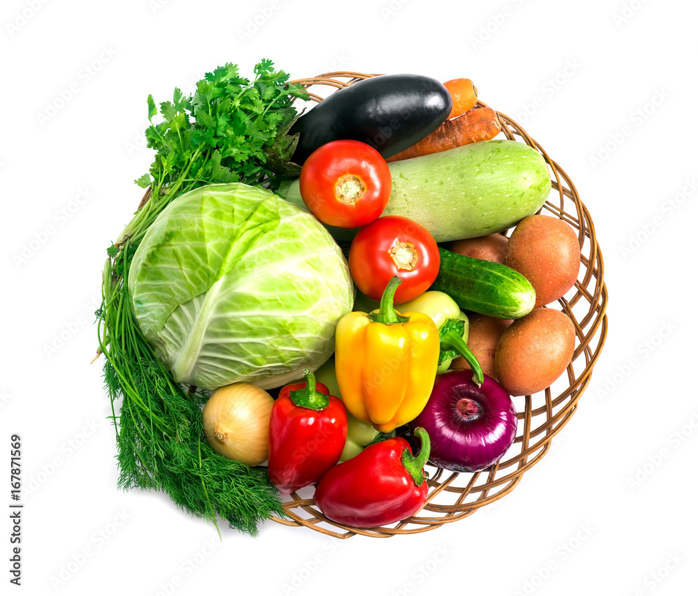 Basket with fresh mixed vegetables on white background Stock Photo | Adobe  Stock, image size:1000x854