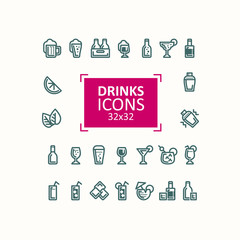 Canvas Print - Set of vector illustrations of icons of drinks. Simple signs of alcoholic and refreshing drinks in bottles and glasses, isolated on white