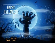 Halloween Background With Zombies And The Moon. Vector Illustration
