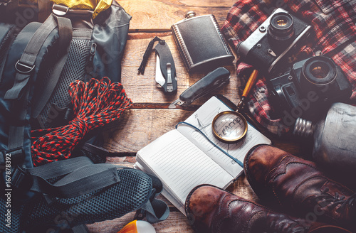 Fotomural Travel And Tourism Equipment On Wooden Background, Top View