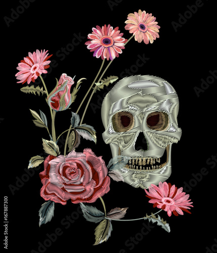 Pattern With Skull Pink Rose Gerbera Daisy Embroidery