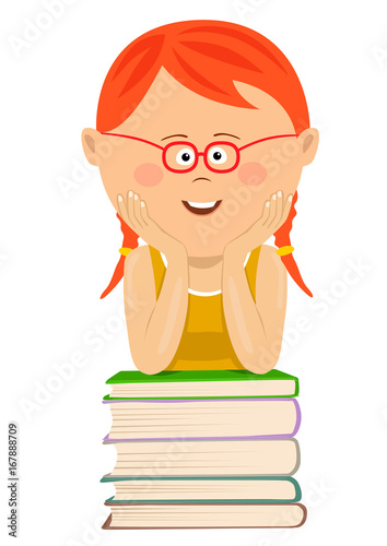Cute Little Red Haired Nerd Girl With Glasses Leans On Stack Of Books 