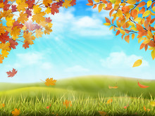 Rural Hilly Landscape In Autumn Season. Tree Branches With Yellow And Red Leaves On Front Plan. Grass With Fallen Foliage On Background. Vector Realistic Illustration.