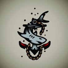Vintage Retro Sailor Jerry Style Shark And Anchor Logo Vector Graphic, Isolated Image