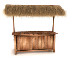 A Wooden Counter Kiosk With Thatched Roof. 3d Image Isolated On White.