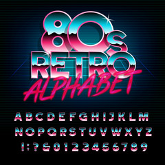 Wall Mural - 80's retro alphabet font. Metallic effect type letters and numbers. Vector typeface for your design.