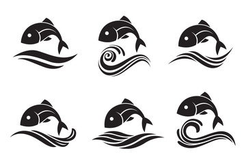 Wall Mural - collection of fish icon with waves