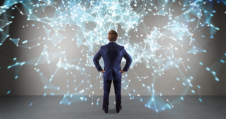 Poster - Businessman using connection network on a wall 3D rendering
