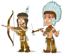 Cartoon Indian Chief Young Warrior Characters Set