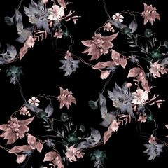 Watercolor painting of leaf and flowers, seamless pattern on dark background