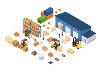Poster - Exterior Warehouse Building Business Delivery. Vector