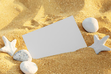 Pictue Frame On Shells And Sand Background. Copy Space.