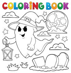 Poster - Coloring book ghost with hat and lantern