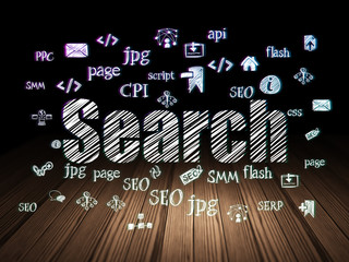 Web development concept: Search in grunge dark room