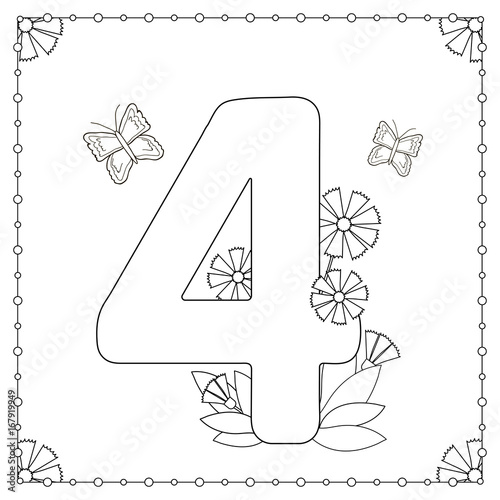 Fotografía Numeral four with flowers, leaves and butterflies.